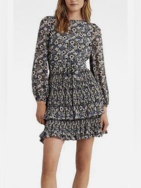 Boden Green and Blue Chiffon Plisse Belted Mini Dress Size US 14 Like New